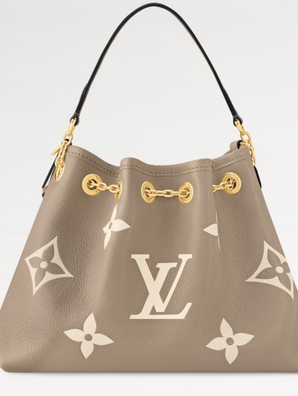 Luxury Brand" Like "Taupe/Creme Monogram Drawstring Shoulder Bag w/Gold Hardware